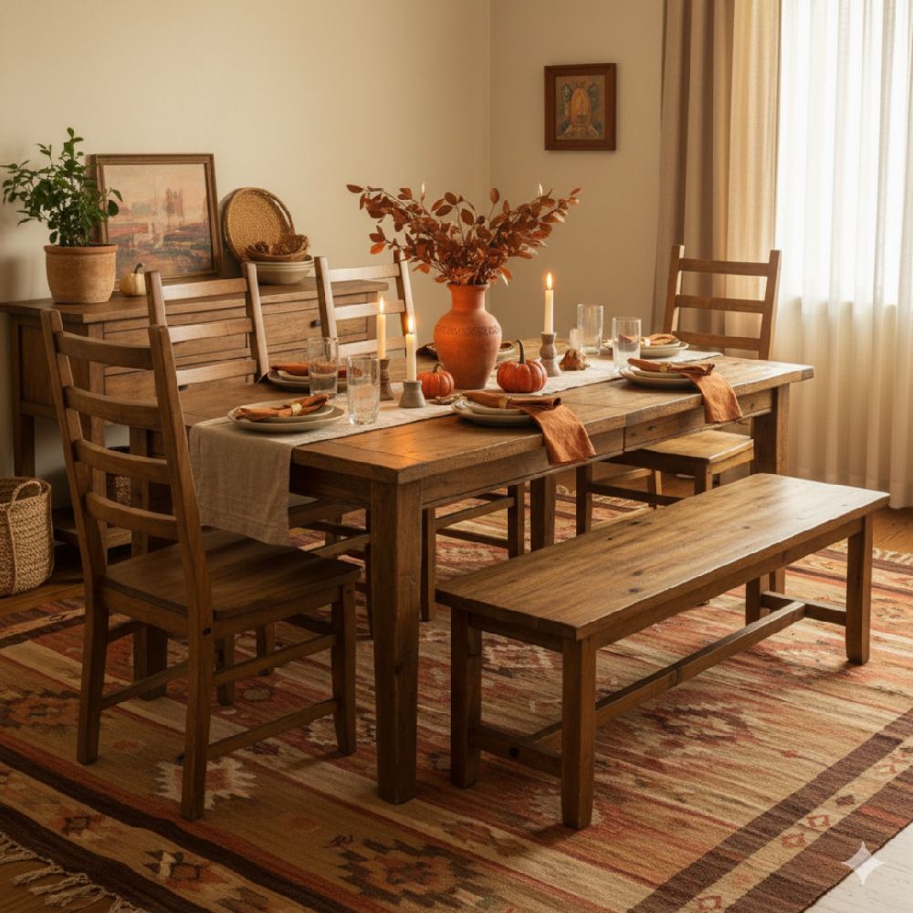 A stylish fall dining room with a wooden table, comfortable chairs, and seasonal decor